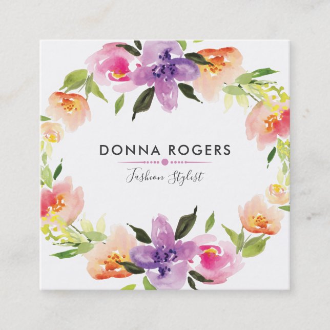 Beautiful Watercolors Flowers Wreath Square Business Card (Front)