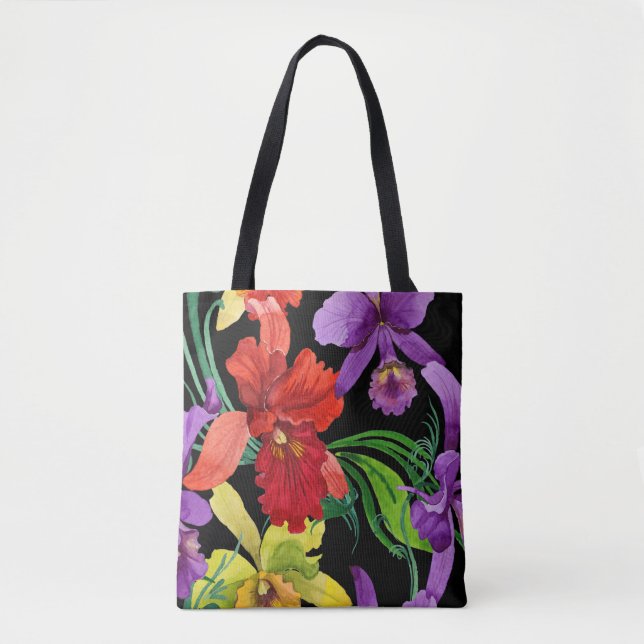 Beautiful Watercolour Orchid Flowers on Black Tote Bag (Front)