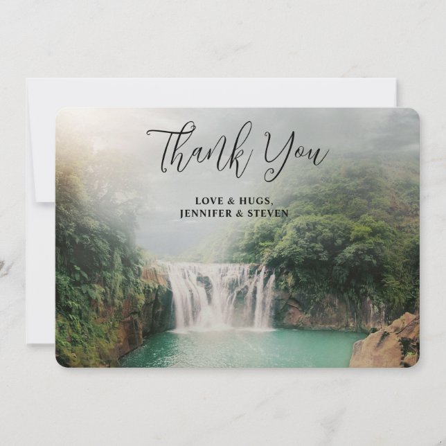 Beautiful Waterfall by a Lush Green Forest Thank You Card (Front)