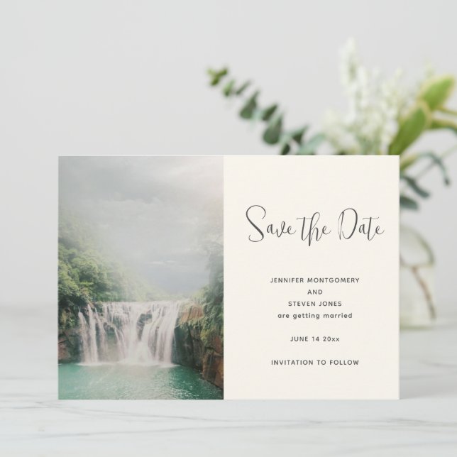 Beautiful Waterfall by a Lush Green Forest Wedding Save The Date (Standing Front)