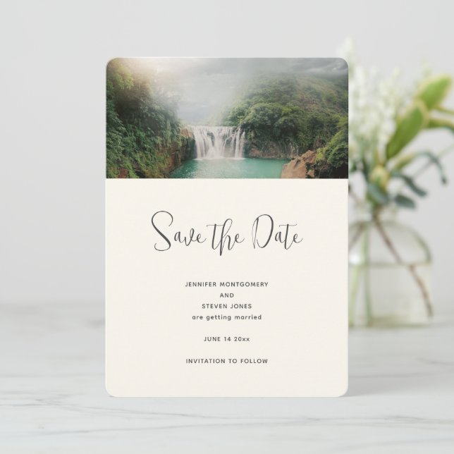 Beautiful Waterfall by a Lush Green Forest Wedding Save The Date (Standing Front)