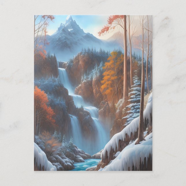 Beautiful Waterfall in a Snowy Forest Postcard (Front)