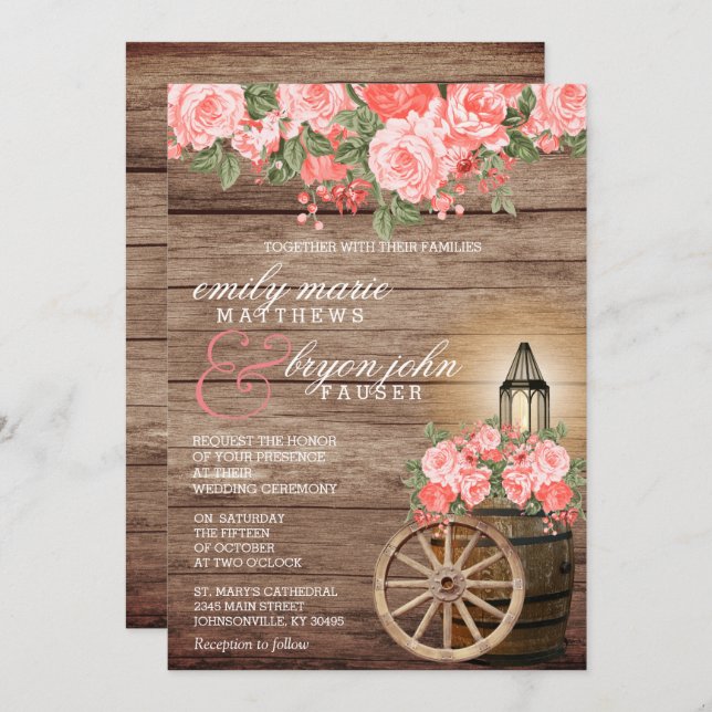 Beautiful Weathered Wood Barrel and Coral Flowers Invitation (Front/Back)