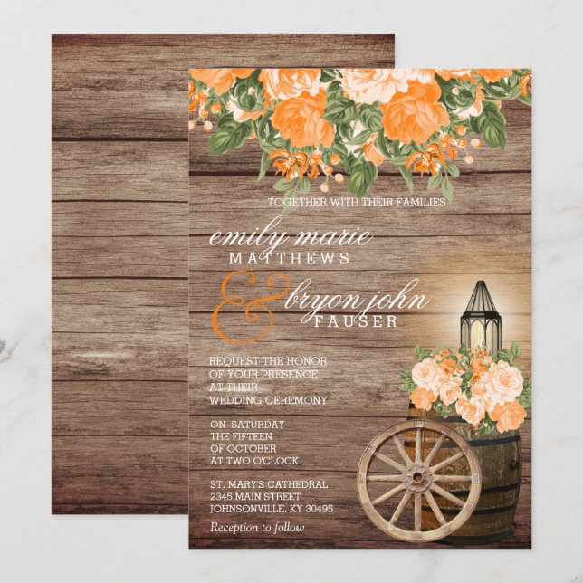 Beautiful Weathered Wood Barrel and Orange Flowers Invitation (Front/Back)