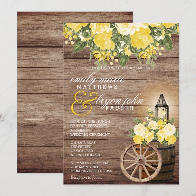 Beautiful Weathered Wood Barrel and Yellow Flowers Invitation (Front/Back)