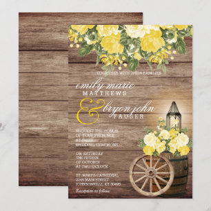 Beautiful Weathered Wood Barrel and Yellow Flowers Invitation