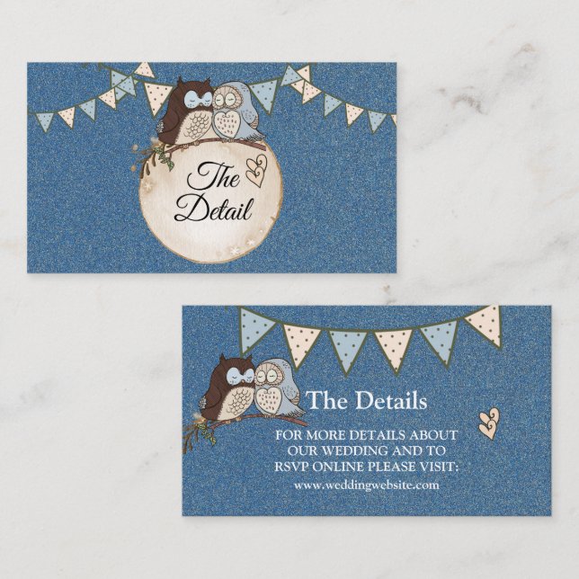 Beautiful Wedding Blue Brown Owl Glitter Detail Enclosure Card (Front/Back)