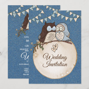 Beautiful Wedding Blue Brown Owl Glitter Invitation
