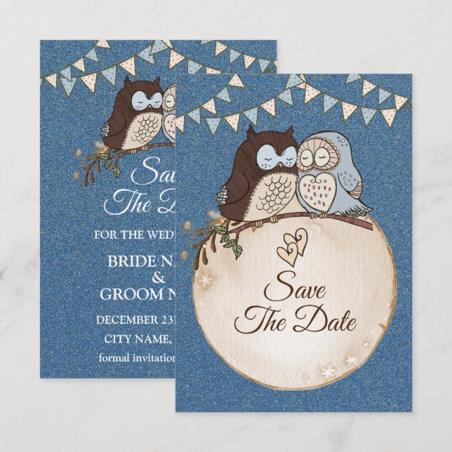 Beautiful Wedding Blue Brown Owl Glitter Save The  Date (Front/Back)