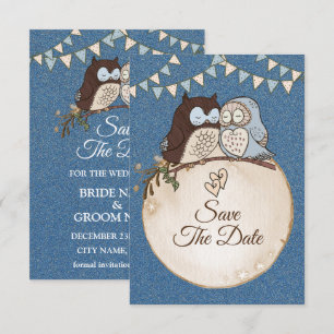 Beautiful Wedding Blue Brown Owl Glitter Save The Save The Date