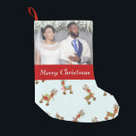 Beautiful Wedding Christmas Reindeer Small Christmas Stocking<br><div class="desc">Celebrate a wedding or anniversary with this lovely Christmas stocking.  Using a blue reindeer background,  you can easily upload your photo to the design.  "Merry Christmas" is written underneath in lovely light blue font.  Order yours today!</div>