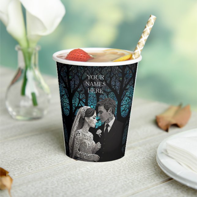 Beautiful wedding couple on a blue Tree of Life Paper Cups (Insitu)