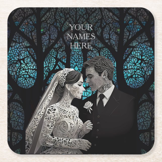 Beautiful wedding couple on a blue Tree of Life Square Paper Coaster (Front)