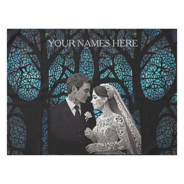 Beautiful wedding couple on a blue Tree of Life Tablecloth (Front (Horizontal))