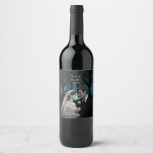 Beautiful wedding couple on a blue Tree of Life Wine Label