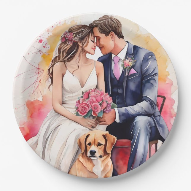 Beautiful Wedding Couple Watercolour Paper Plate (Front)