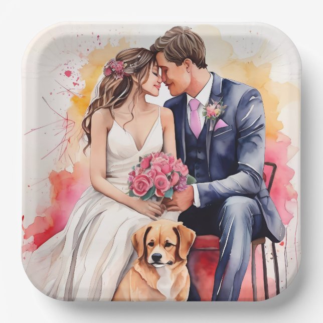 Beautiful Wedding Couple Watercolour Paper Plate (Front)