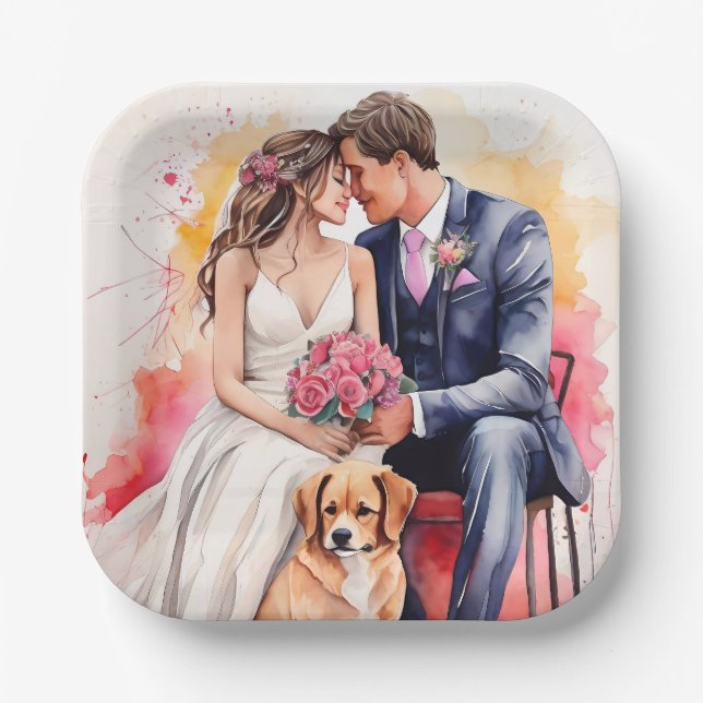 Beautiful Wedding Couple Watercolour Paper Plate (Front)