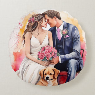 Beautiful Wedding Couple Watercolour Round Cushion