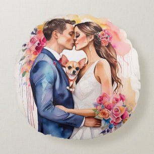 Beautiful Wedding Couple with Cute Funny Round Cushion