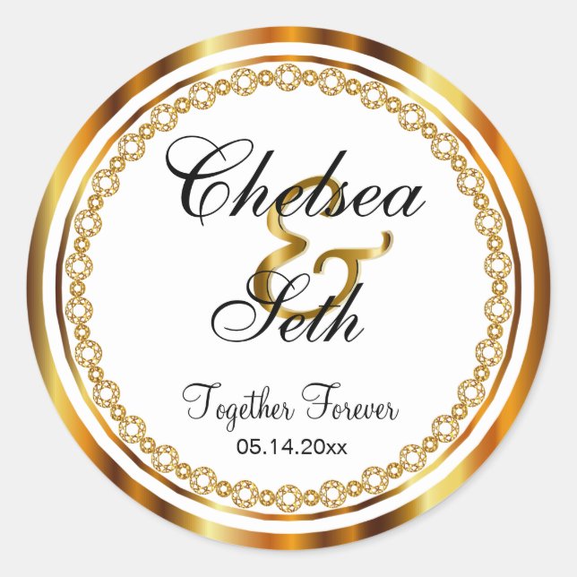 Beautiful Wedding Day in Gold, White Faux Diamonds Classic Round Sticker (Front)