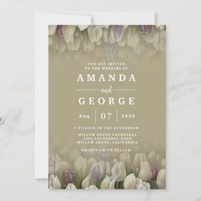 Beautiful wedding Invitation with white tulips (Front)