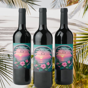 Beautiful Wedding Tropical Flower Sunset Wreath Wine Label