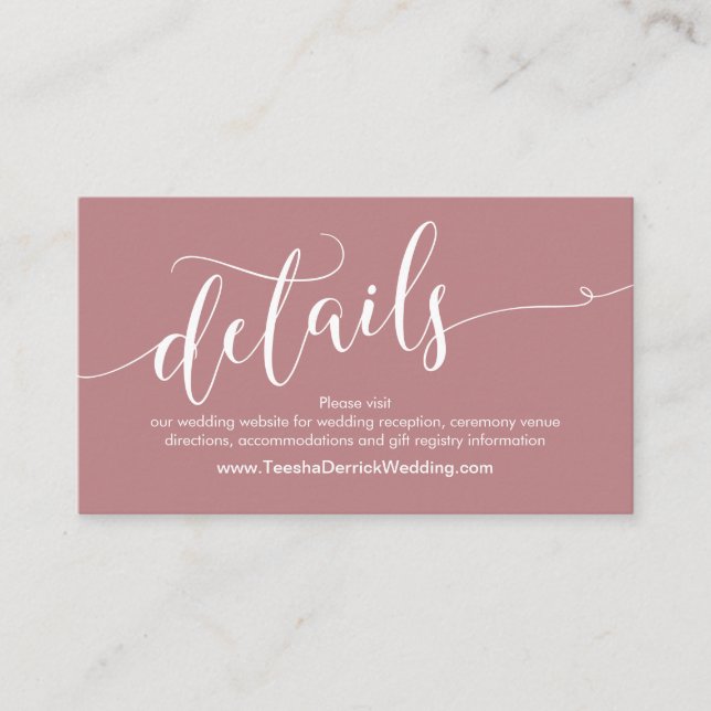 Beautiful Wedding Website Details, Dusty Rose Enclosure Card (Front)