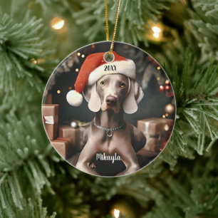 Beautiful Weimaraner with Santa Hat Christmas Ceramic Tree Decoration