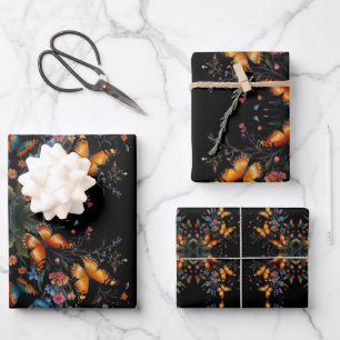 Beautiful Whimsical Butterflies in Vivid Orange Wrapping Paper Sheet