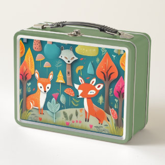 Beautiful Whimsical forest Scene with Fox Metal Lunch Box