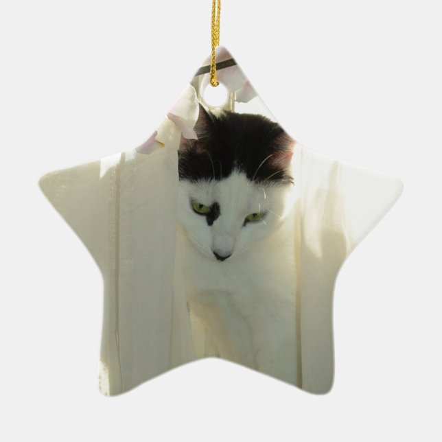 Beautiful White and Black Cat Ceramic Tree Decoration (Front)