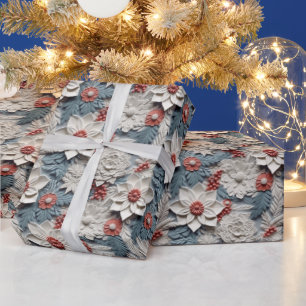Beautiful White and Blue 3D Poinsettias Wrapping Paper