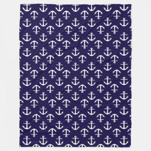 Beautiful White and Blue Nautical Anchor Pattern Fleece Blanket