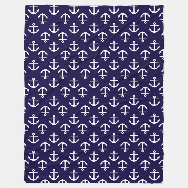 Beautiful White and Blue Nautical Anchor Pattern Fleece Blanket (Front)