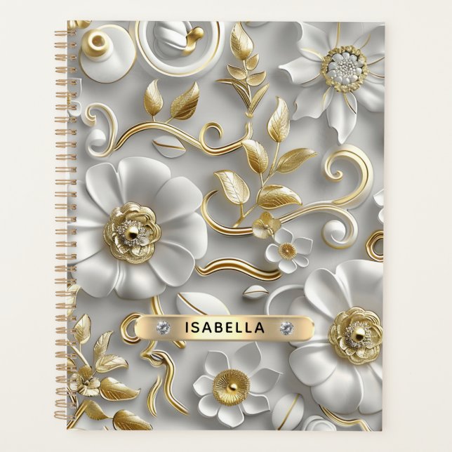 Beautiful White And Gold 3D Floral Custom Name Planner (Front)