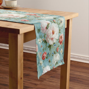 Beautiful White and Red Peonies Short Table Runner