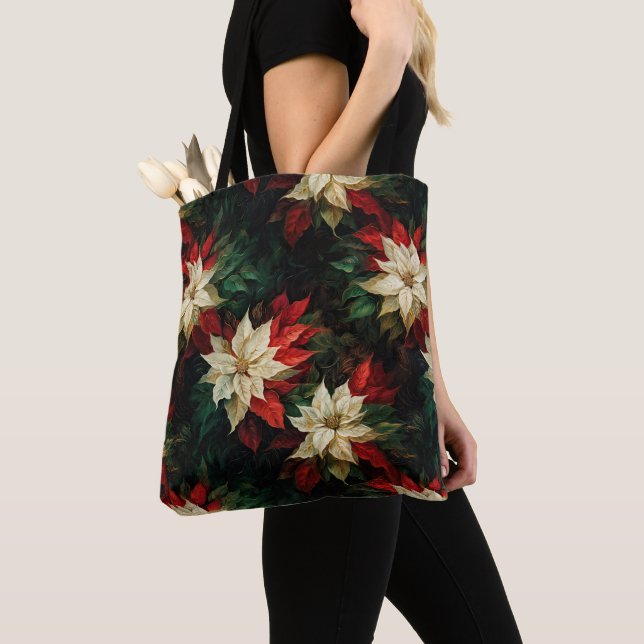 Beautiful White and Red Poinsettias Illustration Tote Bag (Close Up)