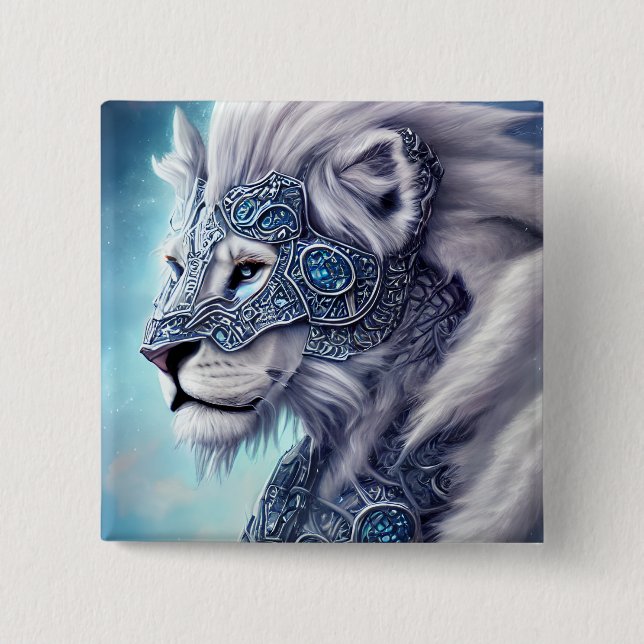 Beautiful White Armoured Warrior Lion  15 Cm Square Badge (Front)