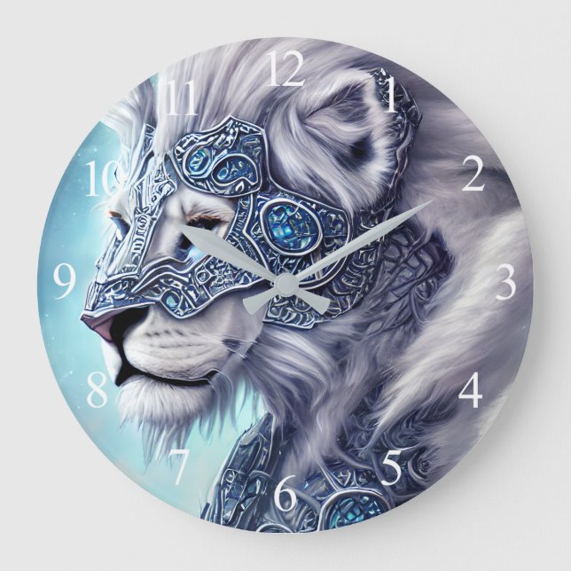 Beautiful White Armoured Warrior Lion  Large Clock (Front)