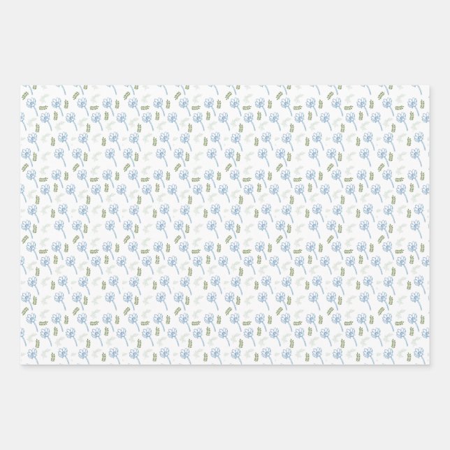 Beautiful White Blue daisies leaves pattern Wrapping Paper Sheet (Front)