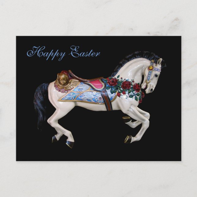 Beautiful White Carousel Horse Happy Easter Holiday Postcard (Front)