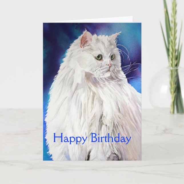 Beautiful White Cat Lover Happy Birthday Greeting Card (Front)