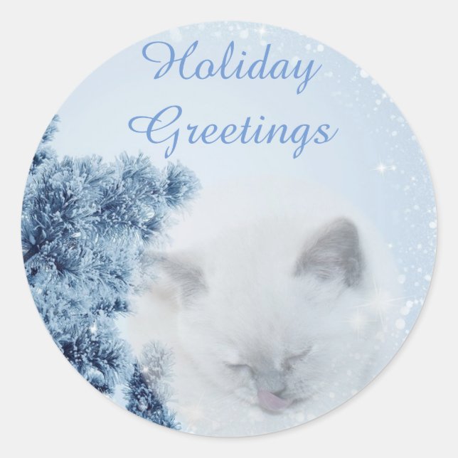 Beautiful White Cat snowy winter Holiday Greetings Classic Round Sticker (Front)