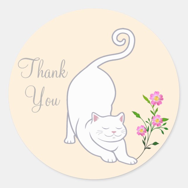 Beautiful white cat with flowers Thank You Classic Round Sticker (Front)