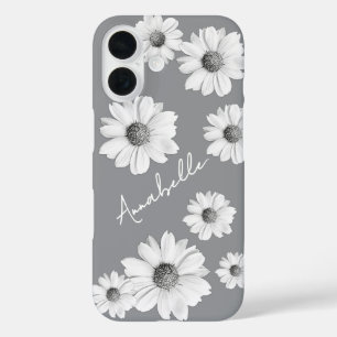 Beautiful White Daisies on grey and your name iPhone 16 Case