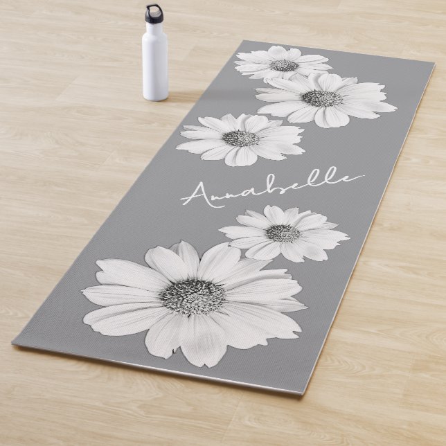 Beautiful White Daisies on grey and your name Yoga Mat (In Situ)