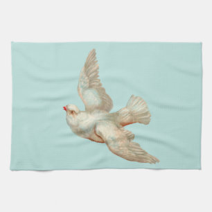 beautiful white dove print tea towel