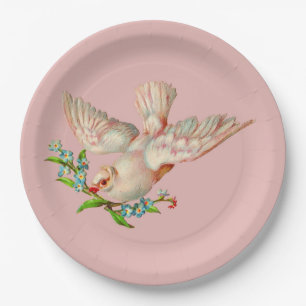 beautiful white dove with sprig in its mouth paper plate