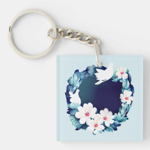 Beautiful White Doves Floral Wreath Key Ring